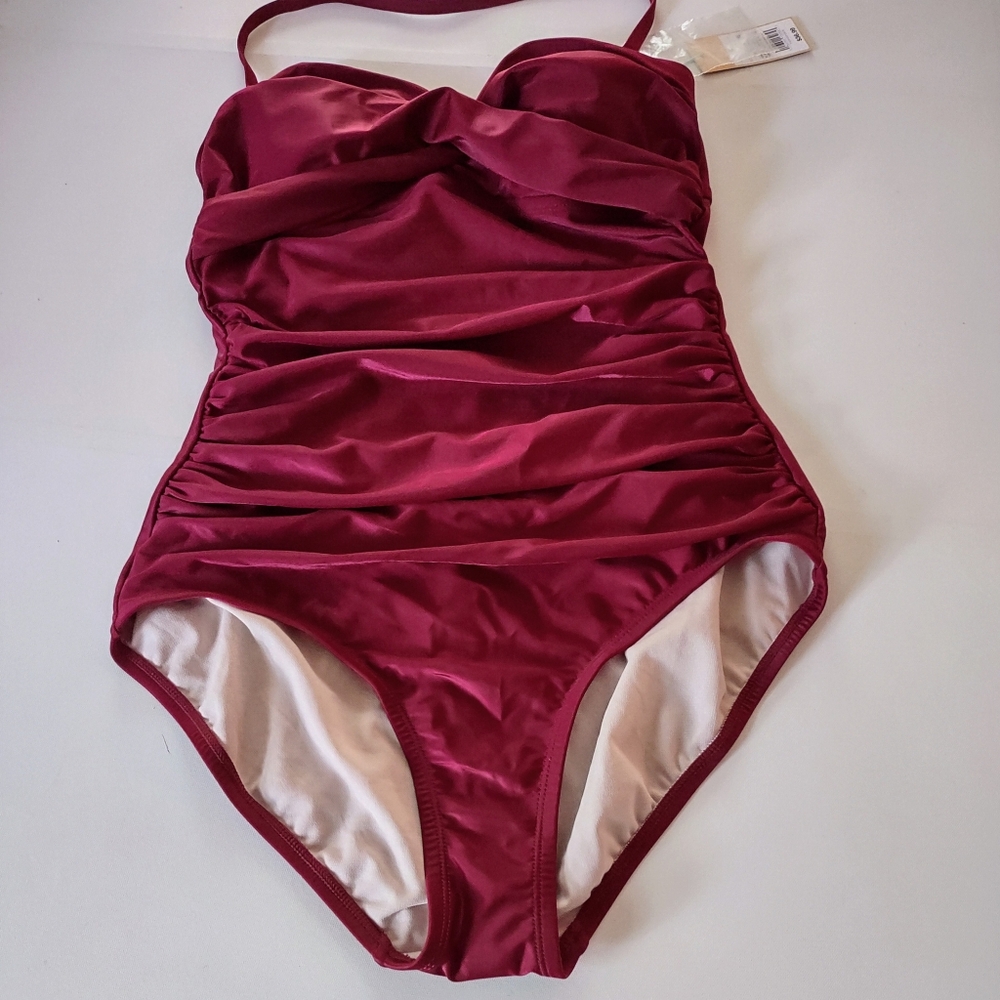 Kona Sol Maroon One Piece Rouched Swim Suit Large - Picture 3 of 13